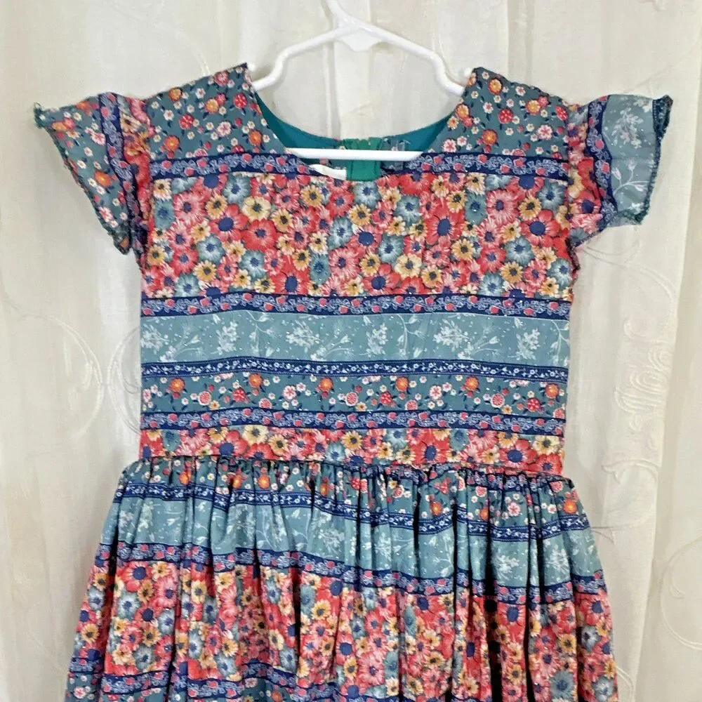 Confecciones Ruth Girls Blue Pink Floral Smocked Tiered Maxi Dress Flutter Sz 1